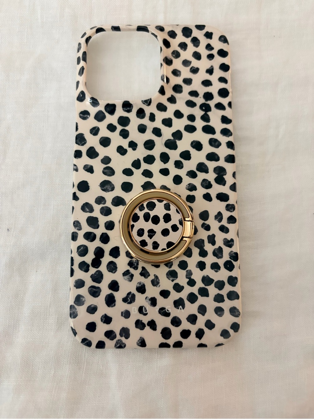 Burga Spotted Black & Cream Phone Case for IPhone 14 Pro Max with Gold Ring